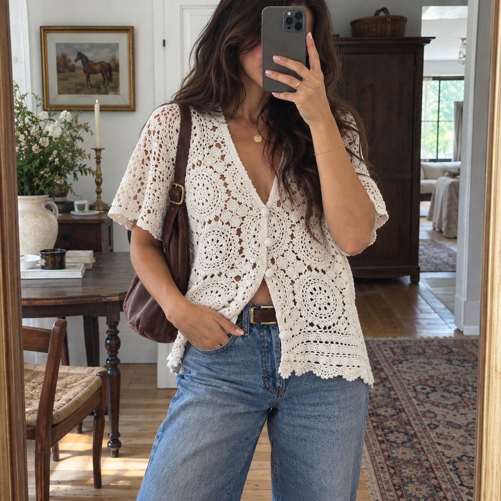 Boho Crochet Cardigan Top M Cream Cottagecore Western Festival Romantic Knit